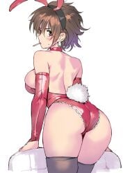 animal_ear_headband animal_ears ass backboob black_thighhighs blush breasts brown_eyes brown_hair character_request check_copyright collar commentary_request copyright_request detached_sleeves earrings fake_animal_ears fake_tail feet_out_of_frame female frilled_leotard frills from_behind hair_between_eyes highres holding_chair jewelry leotard looking_back matsuda_(matsukichi) messy_hair on_chair original playboy_bunny rabbit_ears rabbit_tail red_collar red_leotard red_sleeves short_hair silver_earrings solo strapless strapless_leotard sweatdrop tail thighhighs