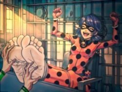 1girls 2d 2d_(artwork) barefoot blue_eyes blue_hair bondage female female_only foot_fetish foot_focus foot_play ladybug_(character) latex laughing marinette_cheng marinette_dupain-cheng miraculous:_tales_of_ladybug_and_cat_noir miraculous_ladybug solo_female solo_focus submissive_female superheroine tickle_fetish tickle_torture tickling tickling_feet