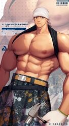 1boy abs bandana bara beard_stubble beefy belt biceps big_areola big_breasts big_hands clothes_lift construction_worker disproportional gay gloves hammer hi_res holding_object hunk knickers looking_at_viewer male male_breasts male_only manly mature_male meisho_hanten muscles muscular muscular_arms muscular_male oppai original original_character painted_clothes pecs short_hair silver_eyes six_pack solo standing straps sweat sweatdrop text thick_arms topless tough_guy veiny veiny_arms veiny_breasts veiny_muscles very_high_resolution wide_eyed wide_shoulders yaoi