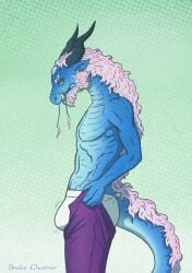 alvanarry anthro bulge clothing dragon eastern_dragon fang_(alvanarry) hi_res horn looking_down male mythological_creature mythological_scalie mythology scalie side_view solo standing tail tusks wingless_dragon