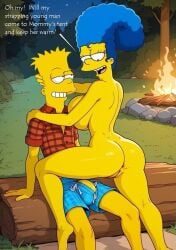 bare_breasts bart_simpson big_breasts big_penis blue_hair campfire camping edit imminent_sex incest marge_simpson mother_and_son mother_with_benefits naked nature nature_background pressing_breasts sexually_suggestive the_simpsons yellow_skin