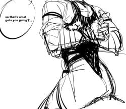 dragon_age dragon_age_the_veilguard emmrich_volkarin erection_under_clothes fully_clothed otrawa sketch speech_bubble tied_hands