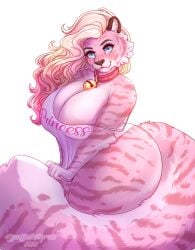 2020 anthro bell big_breasts blonde_hair breasts cleavage clothed clothing collar digital_media_(artwork) felid female hair hi_res jingle_bell mammal marzipan_(spottedtigress) original pantherine pink_body shaded simple_background solo spottedtigress thick_thighs tiger white_background