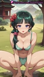 1girls ai_generated anime anime_style aqua_bra aqua_panties bangs bare_arms bare_legs barefoot blue_eyes blush bow_bra bow_panties bra breasts bust busty cameltoe cleavage collarbone day earrings east_asian_architecture female female_focus female_only flower grass green_bra green_hair green_panties hair_flower hair_ornament hair_over_shoulder hair_scrunchie hentai jewelry kusuriya_no_hitorigoto large_breasts lipstick long_hair looking_at_viewer makeup maomao_(kusuriya_no_hitorigoto) medium_breasts mountain natsuyoru navel outdoors panties red_flower red_lips red_rose rose sky solo solo_female spread_legs squatting thighs tree underwear underwear_only voluptuous voluptuous_female