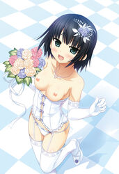 :d absurdres arishima_alice bangs bare_shoulders black_hair blue_eyes blush bouquet breasts checkered checkered_floor cleft_of_venus cura elbow_gloves enty_reward eyebrows_visible_through_hair female flower garter_straps gloves hair_flower hair_ornament high_heels highres jewelry medium_breasts monobeno navel necklace nipples open_mouth paid_reward panties short_hair smile solo standing standing_on_one_leg string_panties thighhighs tile_floor tiles underbust underwear white_gloves white_legwear white_panties