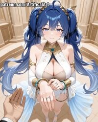 1boy 1girls ai_generated ancient_greek_clothes artifical_art bare_shoulders big_breasts blue_eyes blue_hair bracelet bride feet feet_focus female first_person_view foot_fetish foot_focus foot_slave foot_worship hair_belt hair_ornament iuno_(wuthering_waves) jewelry light-skinned_female light_skin long_hair perfect_body pov smile tattoo toes twintails very_long_hair wuthering_waves