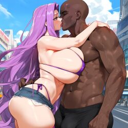 1boy 1girls ai_generated ass big_breasts breasts dark-skinned_male enormous_breasts fate/grand_order fate_(series) female female_focus hips huge_ass huge_breasts kissing large_breasts looking_at_viewer looking_pleasured medusa_(fate) navel purple_eyes purple_hair thick_thighs thighs wide_hips