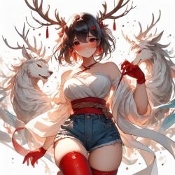 ai_generated antlers black_hair elf_ears eye_contact gloves pixie_cut red red_eyes red_gloves seductive_expression short_hair smirk smug_expression teasing usebackdooronly