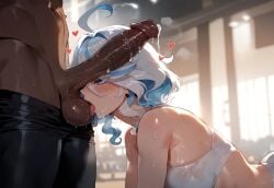 1boy 1girls ai_generated black-skinned_male black_male blue_eyes cock_worship female female_focus furina_(genshin_impact) genshin_impact gym_clothes licking_balls light-skinned_female looking_pleasured nipples_visible_through_clothing penis_on_face rape source_request thick_thighs thighs white_hair wide_hips