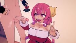 1futa 1girls 3d 3d_(artwork) christmas clothed clothed_sex cum cumshot dragon_horns female fingerless_gloves futa_on_female futanari handjob ilulu_(dragon_maid) indoors indoors_sex kobayashi-san_chi_no_maidragon koikatsu oc peace_sign pink_eyes pink_hair santa_costume sex wunderclaw