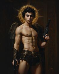 1boy 2024 ai_generated angel_wings armor bushy_eyebrows curly_hair gun halo holding_gun holding_weapon human italian luigi_mangione male male_only muscular painting pinktrianglepixels pinup realistic_anatomy renaissance skimpy_armor weapon