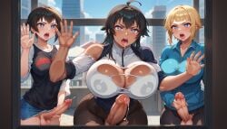 3girls against_glass ai_assisted ai_generated angry areolae areolae_visible_through_clothing black_hair blonde_hair blue_eyes city curvy dark_skin foreskin futanari hand_on_penis hand_on_window heart_pupils huge_breasts jacket large_penis lips long_hair looking_through_window masturbating multiple_girls multiple_penises open_mouth palms pantyhose phimosis saliva short_hair tanned_skin tomboy torn_clothes trio unusual_pupils voluptuous white_skin zombie_apocalypse