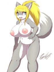 4_fingers anthro areola belly big_breasts biped black_nose blonde_hair blue_eyes breasts canine chubby chubby_female countershade_face countershade_torso countershading dipstick_tail erect_nipples eyebrows_visible_through_hair eyelashes fangs female fluffy fluffy_tail fox front_view fur furry furry_only grey_fur grey_tail hand_on_hip hand_on_thigh hi_res highres huge_breasts humanoid_hands inner_ear_fluff kemono large_breasts leaning leaning_forward long_tail looking_up mammal mari_(tailzkim) multicolored_fur multicolored_tail naked navel navel_rim nipples nude open_mouth open_smile pink_nipples ponytail portrait puffy_areola puffy_nipples pussy signature simple_background small_waist smile solo standing tail tailzkim thick_thighs three-quarter_portrait translucent_hair two_tone_fur two_tone_tail voluptuous white_background white_fur white_pussy white_tail