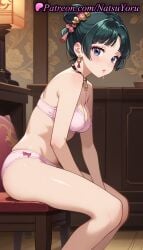 1girls ai_generated anime anime_style arms_between_legs bangs bare_arms bare_legs bare_shoulders bell between_legs black_choker blue_eyes blush bow bow_bra bow_panties bra breasts bust busty chair choker cleavage closed_mouth earrings eyeshadow feet_out_of_frame female female_focus female_only from_side green_hair hair_bun hair_ornament hand_between_legs hentai indoors jewelry kusuriya_no_hitorigoto lace-trimmed_bra lamp leaning_forward lips looking_at_viewer makeup maomao_(kusuriya_no_hitorigoto) medium_breasts natsuyoru necklace on_chair panties parted_lips pink_bow pink_bra pink_lips pink_panties short_hair sitting solo solo_female tassel tassel_earrings thighs underwear underwear_only voluptuous voluptuous_female