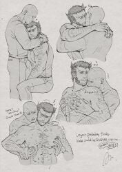 ... 2boys abs arms_around_neck azuko_(@zuco) bald beard blush chest_hair closed_eyes closed_mouth couple deadpool deadpool_&_wolverine deadpool_(series) english_text facial_hair flying_sweatdrops full-face_blush hairy hand_hair implied_nudity kissing kissing_head kissing_shoulder large_pectorals long_sleeves looking_at_another male_focus marvel marvel_cinematic_universe marvel_comics mature_male multiple_boys muscular nipple_stimulation nipple_tweak pants pectoral_grab pectorals scar scars_all_over short_hair sitting spoken_ellipsis tank_top wolverine_(x-men) x-men yaoi