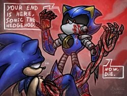 2024 anthro blood blood_on_face blood_on_hand blood_splatter blue_body blue_fur bodily_fluids crying defeated_hero disembowelment duo dying english_text eulipotyphlan fur gore gradient_background guts hedgehog holding_guts male mammal metal_sonic metallic_body organs robot_anthro sega side_view simple_background sonic_the_hedgehog sonic_the_hedgehog_(series) tears text threatening torture tragiccurse