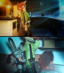 3d ahe_gao animal_genitalia animal_penis blender canine canine_penis clothed clothing cum cum_in_mouth cum_inside cum_on_food cum_on_penis disney erection female flat_chest fox hi_res judy_hopps knot lagomorph looking_pleasured male mammal messy necktie nick_wilde partially_clothed penetration penis rabbit unprofessional_behavior willitfit zootopia