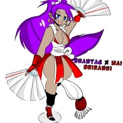 barely_clothed breasts cleavage crossover crossover_cosplay fan fatal_fury gurujay_arts gurujayarts king_of_fighters large_breasts mai_shiranui mai_shiranui_(cosplay) no_bra no_panties no_underwear open_mouth ponytail purple_eyes purple_hair revealing_clothes shantae shantae_(character) smile snk tagme the_king_of_fighters thick_thighs thighs very_long_hair wayforward