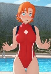 1girls ai_generated bare_arms bare_shoulders blue_sky clothing female female_only ginger ginger_hair greatm8_(style) lifeguard lifeguard_swimsuit light-skinned_female light_blue_eyes light_skin looking_at_viewer nora_valkyrie one-piece_swimsuit orange_hair outside pool red_swimsuit rwby sky solo solo_female surprised swimming_pool swimsuit tagme thighs water