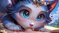 1girls ai_generated blowjob blue_eyes blush book cat_ears cat_girl claws cum cum_drip cum_in_mouth cum_inside fellatio fellatio_from_feral feral league_of_legends looking_at_viewer male_on_feral outdoors paws penis tufted_fur whiskers yuumi_(lol)