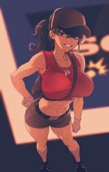 2d 2d_(artwork) athletic athletic_female big_breasts big_breasts breasts breasts clothed clothed_female femscout grin happy happy_female light-skinned_female light_skin looking_at_viewer midriff midriff_baring_shirt ponytail scout_(team_fortress_2) shorts smile smiling smiling_at_viewer smug smug_face smug_grin spoiledmuffin team_fortress_2 tf2 toned toned_female