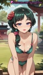 1girls ai_generated anime anime_style architecture bangs bare_arms bare_shoulders blue_eyes blush bow bow_bra bow_panties bra breasts bust busty cleavage closed_mouth collarbone day earrings east_asian_architecture female female_focus female_only flower grass green_bra green_hair green_panties hair_flower hair_ornament hair_over_shoulder hair_scrunchie hentai jewelry kusuriya_no_hitorigoto leaning_forward lips lipstick long_hair looking_at_viewer makeup maomao_(kusuriya_no_hitorigoto) medium_breasts natsuyoru navel outdoors panties parted_lips red_flower red_lips red_rose rose scrunchie sitting smile solo solo_female stomach thigh_gap thighs underwear underwear_only voluptuous voluptuous_female