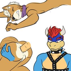 2boys alternate_color anal anal_sex crossover discomfort fox_mccloud furry fuze gay hand_on_ass interspecies male male_only nintendo penetration penis scalie scarf simple_background star_fox video_games white_background yaoi