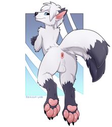 anus arctic_fox balls canine feet fox grin logan_the_fox looking_back male_only mammal paws perineum smile solo twintails zazush-una