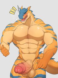 abs absurd_res anthro balls biceps blush bodily_fluids capcom digital_drawing_(artwork) digital_media_(artwork) erection flying_wyvern foreskin genitals hi_res male monster_hunter muscular muscular_anthro muscular_male pecs penis saliva scalie simple_background solo tail teeth tigrex zuwardo