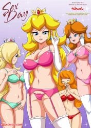 4girls armwear bikini bikini_bottom bikini_top blonde_hair blue_eyes breasts brown_hair closed_eyes clothing comic crown ear_piercing english_text female gloves hourglass_figure human legwear light_blue_bikini long_hair looking_at_viewer mario_(series) mona_(warioware) nintendo open_mouth orange_hair palcomix pink_bikini pink_bikini_bottom pink_bikini_top princess_daisy princess_peach princess_rosalina red_bikini red_bikini_bottom red_bikini_top seductive seductive_look short_hair text voluptuous voluptuous_female warioware white_gloves white_legwear