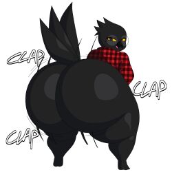 1:1 absurd_res alpha_channel anthro ass avian beak big_butt bird black_body clap_(sound_effect) clapping clothed clothing cytrusawa eyewear feathered_crest feathers glasses head_crest hi_res huge_butt inviting looking_at_viewer looking_back male motion_lines nerd nick_(mikimeowl) overweight owl pantsless plaid presenting presenting_hindquarters round_glasses shaking_butt short_male simple_background smile smiling_at_viewer solo tail tail_feathers thick_thighs third-party_edit transparent_background twerking wide_hips