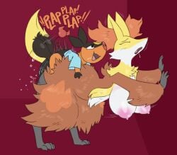 against_wall anthro big_breasts delphox drool female fur furry hotlink_(nylonheretic) huge_balls huge_cock looking_pleasured nylonheretic open_smile perching_position pokemon size_difference small_but_hung small_dom_big_sub straight swinging_balls tepig