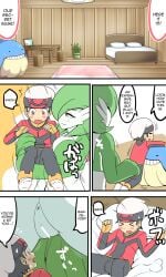 1boy 1girls bedroom brendan_(pokemon) comic game_freak gardevoir pokemon pokemon_(species) pussy sitting