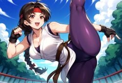 1girls ai_generated big_ass big_breasts braid braided_ponytail breasts brown_eyes brown_hair busty cameltoe clothed dat_ass female flexible gloves headband huge_ass karate karate_gi king_of_fighters leggings light-skinned_female light_skin long_hair looking_at_viewer pants ponytail skirt spandex spread_legs standing standing_on_one_leg thick thick_thighs thighs tied_hair voluptuous voluptuous_female wide_hips yoga_pants yuri_sakazaki