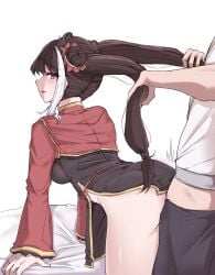 1boy 1girls ass bent_over big_breasts blush bottomless chanwoo987 hair jia_xichun_(limbus_company) limbus_company long_hair looking_back open_mouth partially_clothed project_moon pulling_hair purple_hair sex sex_from_behind tears thick_thighs twintails