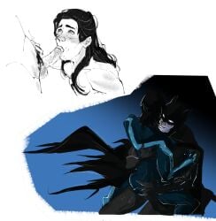 2boys batman batman_(bruce_wayne) batman_(series) blowjob bruce_wayne dc dc_comics dick_grayson embrace fellatio gay gay_blowjob giving_head hugging long_hair male male/male mask nightwing on_lap penis_in_mouth sitting_on_lap sucking_penis yaoi