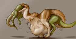 alovion anal_vore cannibalism dinosaur feral rothar same_size same_size_vore simple_background text theropod tyrannosaurus_rex vore