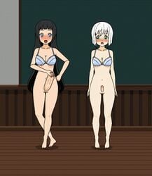 2girls animated attribute_theft black_hair blue_eyes blush bra classroom dickgirl futanari gif green_eyes intersex kisekae long_hair masturbation penis_growth penis_shrinking pov_eye_contact shocked short_hair white_hair