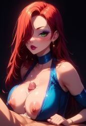 1boy1girl ai_generated big_lips blush blushing_female cum cum_between_breasts cum_on_breasts dress ejaculation ejaculation_between_breasts facial full_cleavage green_eyes heavy_breathing large_breasts long_hair nipples open_eyes orange_hair red_hair red_lips titjob