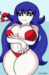 ! 2girls :< beach big_breasts bikini blue_hair bongbong female female_only its_archville light_skin lobotomy_corporation long_hair looking_at_viewer ocean project_moon red_bikini red_hair smug solo_focus thick_thighs wide_hips yumyum