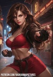 1girls action_pose ai_generated badkarmastudio belt blaze_fielding brown_eyes brown_hair cleavage cropped_jacket earrings female fighting_stance fingerless_gloves jacket navel patreon_username pose self_upload skirt solo streets_of_rage tubetop