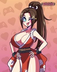 ) barely_clothed blue_eyes breasts brown_hair cleavage fatal_fury hands_on_hips huge_breasts king_of_fighters large_breasts mai_shiranui musclemaddie no_bra no_panties no_underwear open_mouth ponytail revealing_clothes smile snk street_fighter_6 tagme the_king_of_fighters thick_thighs thighs wink