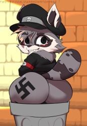 anthro ass ass ass_focus ass_tattoo big_ass black_eyes bottomless curvy dah_showstopperz ear ears_through_headwear female female_only fluffy fur furry grey_body grey_fur hat headwear large_ass latina looking_at_viewer looking_back mammal miko_(miko's_trash_can) nazi nazi_armband nazi_uniform partially_clothed procyonid raccoon schutzstaffel shortstack skull smile smiling smiling_at_viewer striped_tail stripes swastika tail tattoo totenkopf trash_can viewed_from_behind wall white_fur youtube youtube_hispanic youtuber