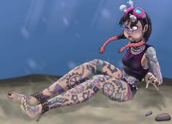 1girls asphyxiation barefoot chains drowning feet feet_tied female fortnite jules_(fortnite) peril puffy_cheeks tagme underwater underwater_peril