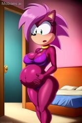 ai_generated ass bed bedroom big_ass big_breasts booty breasts confused confused_look door fishnets incest_(lore) incest_pregnancy oiled round_ass sonia_the_hedgehog sonic_underground surprised