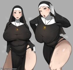 bobtheneet exposed_panties exposed_thighs female_only huge_ass huge_breasts leaning_forward necklace nipples_visible_through_clothing nun tight_clothing voluptuous