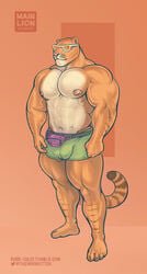 2017 abs anthro areola bag barely_visible_genitalia belt big_arms bulge clothed clothing eyewear fanny_pack feline front_view hi_res hybrid hyper hyper_muscles liger mainlion male male_only mammal markings muscular muscular_male nipples partially_clothed pecs penis shorts simple_background solo standing stripes subtle_penis sunglasses thick_thighs url vein veiny_muscles wardrobe_malfunction