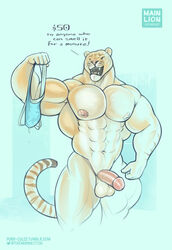 2017 abs anthro areola balls big_arms big_balls big_penis blue_eyes clothing dialogue english_text feline flaccid front_view hybrid hyper hyper_muscles jockstrap liger mainlion male male_only mammal markings muscular muscular_male musk nipples nude pecs penis simple_background solo standing stripes sweat text thick_thighs underwear url