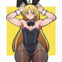 1girls ai_generated big_thighs blonde_hair blush bocchi_the_rock! bunny_suit bunnysuit curvy curvy_female curvy_figure embarrassed embarrassed_female female female_only flat_chest huge_thighs ijichi_seika light-skinned_female light_skin long_hair playboy_bunny pose red_eyes simple_background small_breasts tsundere white_background yellow_background
