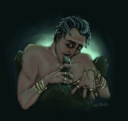 blowjob dragon_age dragon_age_the_veilguard emmrich_volkarin gay_sex jewelry moustache rook_(dragon_age) salt_and_pepper_hair syntheticvisicn